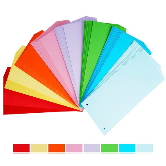 Dividers Colourful Pack of 200, 8 Assorted Colours Tabs - 24 x 10.5 cm Dividers Perforated Recycled Cardboard, 180 g/m² Printable Paper Cards for Sorting Folders