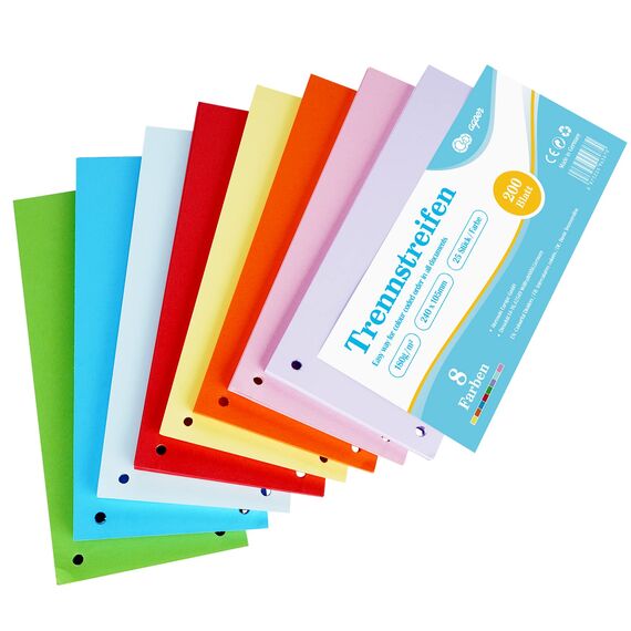 Dividers Colourful Pack of 200, 8 Assorted Colours Tabs - 24 x 10.5 cm Dividers Perforated Recycled Cardboard, 180 g/m² Printable Paper Cards for Sorting Folders