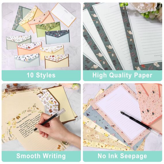 90 Stück Briefpapier mit Umschlag Set, 60 Briefpapier A5 mit 30 Briefumschläge, 10 Florale Stile Keine Tintenleckage Briefpapiere und Briefumschläge für Einladungskarten Glückwunschkarte