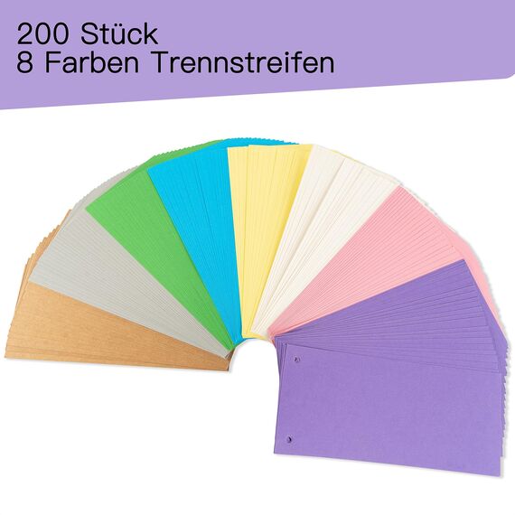Agoer Dividers for A4 Folders, Pack of 200, 8 Colours, Folder Dividers, Colourful, 180 g/m², Printable Cardboard, Folder Dividers for Sorting, Index of Documents, 24 x 10.5 cm