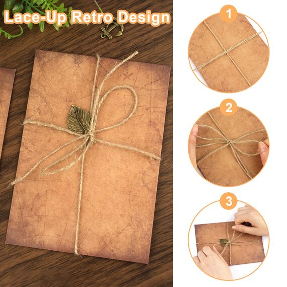 40 Stück Briefpapier mit Umschlag, Set Vintage Briefpapier mit 8 Kraftpapier Vintage-papier Briefumschläge, 16 Briefpapier,8 Retro Schlüsseln, 8 Hanfseilen, für Love Letter, Hochzeit, Geburtstag