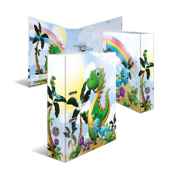 HERMA Ordner A4 Dino, 7 cm breit, Ringordner mit Kindergarten Dinosaurier Motiv, bunter Aktenordner mit Innendruck für Jungen, Mädchen und Kinder
