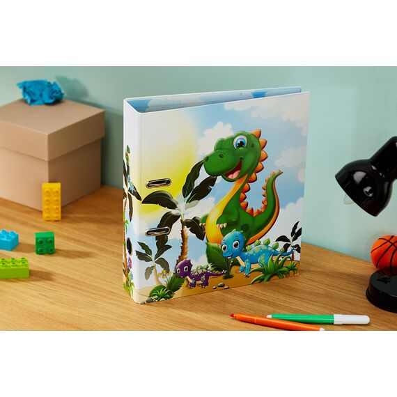 HERMA Ordner A4 Dino, 7 cm breit, Ringordner mit Kindergarten Dinosaurier Motiv, bunter Aktenordner mit Innendruck für Jungen, Mädchen und Kinder