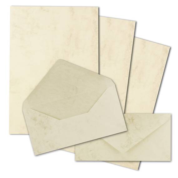 75x Briefpapier Set DIN A4 mit DIN Lang Briefumschlägen, Nassklebung - Chamois Marmoriert (Cremefarben) - mattes Schreibpapier mit Kuverts - FarbenFroh by GUSTAV NEUSER