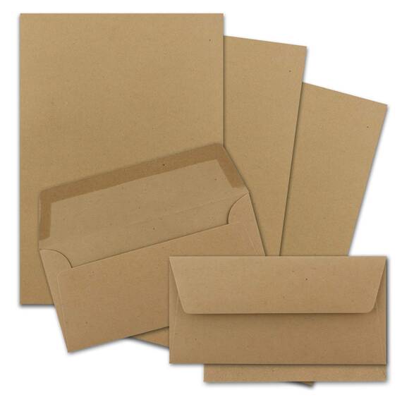 50x Briefpapier Set DIN A4 mit DIN Lang Briefumschlägen, Nassklebung - Kraftpapier Braun - Recycling-Schreibpapier mit Kuverts - FarbenFroh by GUSTAV NEUSER