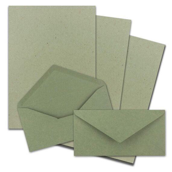 100x Briefpapier Set DIN A4 mit DIN Lang Briefumschlägen, Nassklebung - Kraftpapier-Grün - Recycling-Schreibpapier mit Kuverts - FarbenFroh by GUSTAV NEUSER