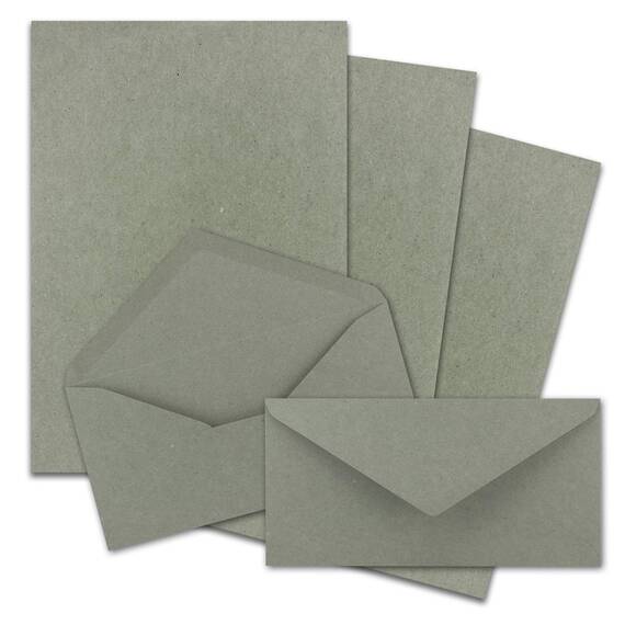 50x Briefpapier Set DIN A4 mit DIN Lang Briefumschlägen, Nassklebung - Kraftpapier-Grau - Recycling-Schreibpapier mit Kuverts - FarbenFroh by GUSTAV NEUSER