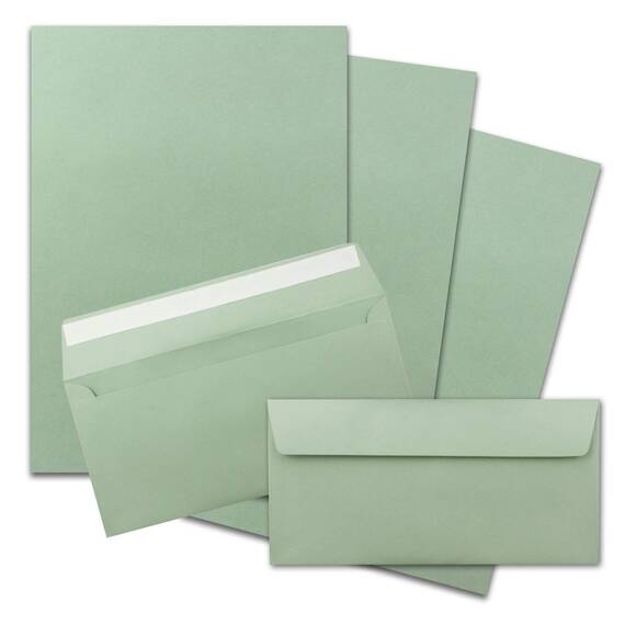 250x Briefpapier Set DIN A4 mit DIN Lang Briefumschlägen, Haftklebung - Eukalyptus-Grün - mattes Schreibpapier mit Kuverts - FarbenFroh by GUSTAV NEUSER