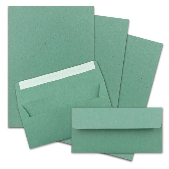 150x Briefpapier Set DIN A4 mit DIN Lang Briefumschlägen, Haftklebung - Kraftpapier Eukalyptus-Grün - Recycling-Schreibpapier mit Kuverts - FarbenFroh by GUSTAV NEUSER