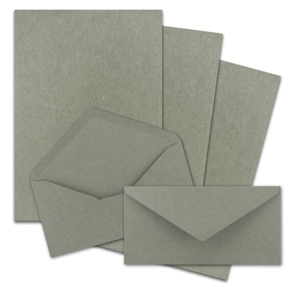 150x Briefpapier Set DIN A4 mit DIN Lang Briefumschlägen, Nassklebung - Kraftpapier-Grau - Recycling-Schreibpapier mit Kuverts - FarbenFroh by GUSTAV NEUSER