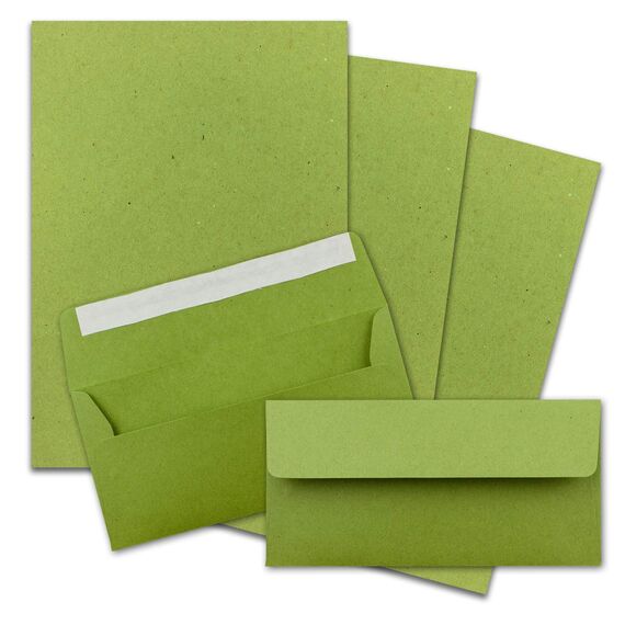 150x Briefpapier Set DIN A4 mit DIN Lang Briefumschlägen, Haftklebung - Kraftpapier-Hellgrün - Recycling-Schreibpapier mit Kuverts - FarbenFroh by GUSTAV NEUSER