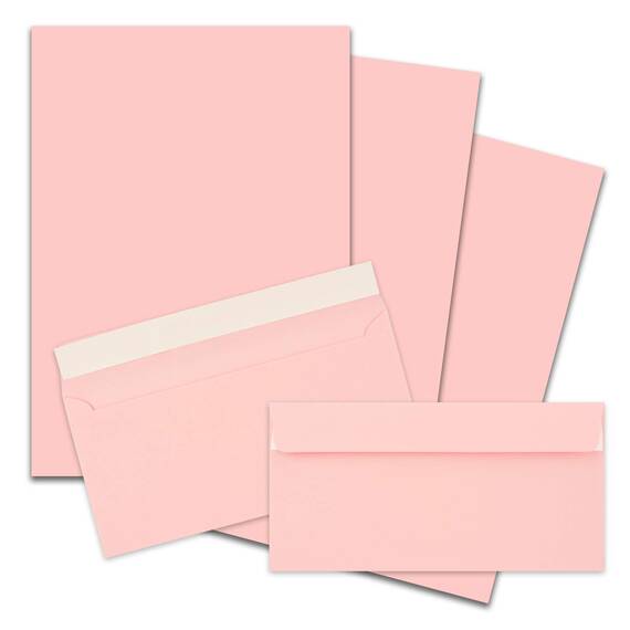 300x Briefpapier Set DIN A4 mit DIN Lang Briefumschlägen, Haftklebung - Rosa - mattes Schreibpapier mit Kuverts - FarbenFroh by GUSTAV NEUSER