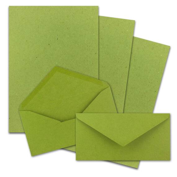 300x Briefpapier Set DIN A4 mit DIN Lang Briefumschlägen, Nassklebung - Kraftpapier-Hellgrün - Recycling-Schreibpapier mit Kuverts - FarbenFroh by GUSTAV NEUSER