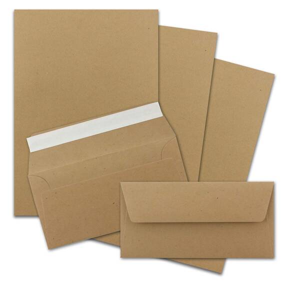 400x Briefpapier Set DIN A4 mit DIN Lang Briefumschlägen, Haftklebung - Kraftpapier Braun - Recycling-Schreibpapier mit Kuverts - FarbenFroh by GUSTAV NEUSER