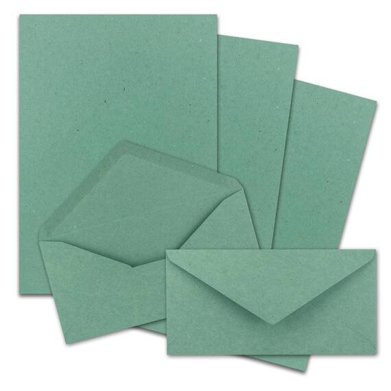 700x Briefpapier Set DIN A4 mit DIN Lang Briefumschlägen, Nassklebung - Kraftpapier Eukalyptus-Grün - Recycling-Schreibpapier mit Kuverts - FarbenFroh by GUSTAV NEUSER