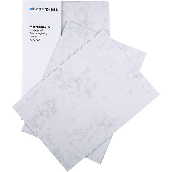 Betterpress® 50 Blatt Briefpapier Marmorpapier grau Elefantenhaut 120g, A4 – Beidseitig Marmoriertes Papier in hochwertiger Qualität – Premium ideal als Speisekarte, Zertifikat und Urkunde