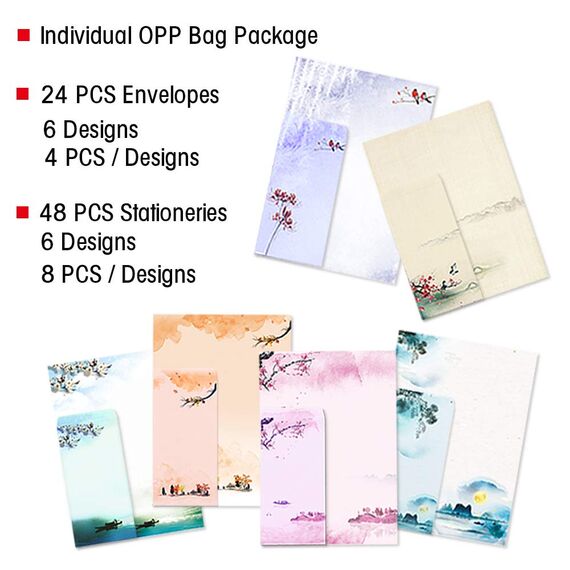 Schreibwaren-Set, japanisches Briefpapier, 48 Stück, Schreibpapier und Umschläge, Set mit Tintenmalerei-Design – 48 Schreibpapiere + 24 Umschläge