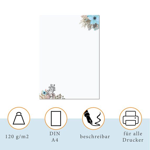 PRESENTOU Briefpapier bedruckt 120 Gramm Papier | Motivpapier Urkundenpapier Urkunde Speisekarte Liebesbrief (Blumen & Braun, 50 Bögen)