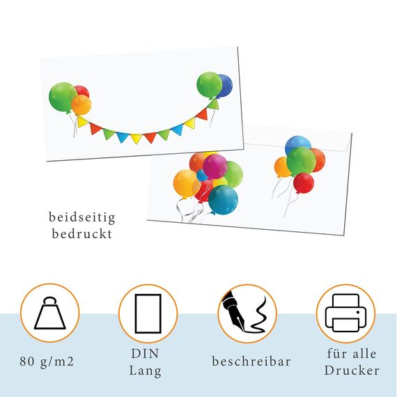 PRESENTOU Briefpapier beidseitig bedruckt 120 Gramm Papier | Motivpapier Urkundenpapier Urkunde Speisekarte Liebesbrief (Luftballons, 25 + 25 Bögen + Umschläge)