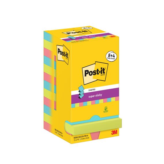 Post-it Super Sticky Z-Notes Cosmic Collection, Packung mit 12 Blöcken, 90 Blatt pro Block, 76 mm x 76 mm, Türkis, Grün, Pink - Extra-stark klebende Notizzettel für Notizen und To-Do-Listen
