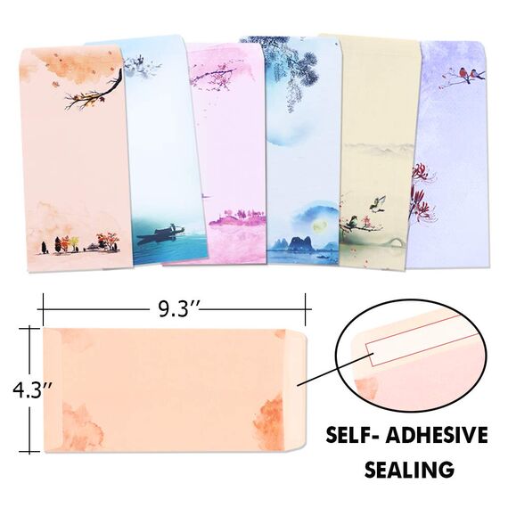 Schreibwaren-Set, japanisches Briefpapier, 48 Stück, Schreibpapier und Umschläge, Set mit Tintenmalerei-Design – 48 Schreibpapiere + 24 Umschläge