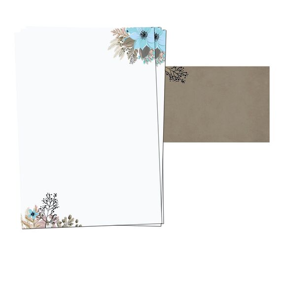 PRESENTOU Briefpapier bedruckt 120 Gramm Papier | Motivpapier Urkundenpapier Urkunde Speisekarte Liebesbrief (Blumen & Braun, 25 + 25 Bögen + Umschläge)