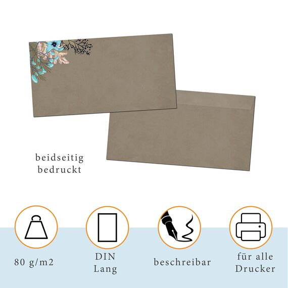 PRESENTOU Briefpapier bedruckt 120 Gramm Papier | Motivpapier Urkundenpapier Urkunde Speisekarte Liebesbrief (Blumen & Braun, 25 + 25 Bögen + Umschläge)