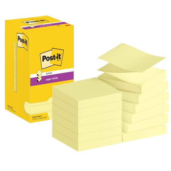 Post-it Super Sticky Z-Notes Gelb, Vorteilspackung mit 12 Blöcken, 90 Blatt pro Block, 76 mm x 76 mm - Für Notizen, To-Do-Listen & Erinnerungen
