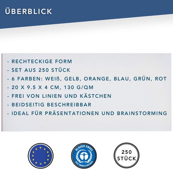 FRANKEN Moderationskarten Rechteck, 205 x 95 mm, 500 Stück, Präsentationskarten ideal für Meetings, Trainings, Schulungen im Büro oder Hotel und Lehrer in der Schule, Metaplankarten, Bunt, UMZ 1020 99