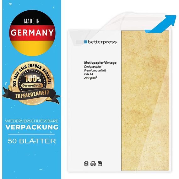Betterpress® 25 Blatt DIN A4 120 g/m² Urkundenpapier A4 bedruckbar Gastropapier Briefpapier Altes Vintage Papier Elefantenhaut Papier Speisekartenpapier beidseitig Schatzkarte Flaschenpost