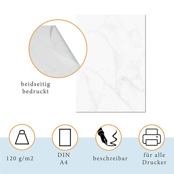 25er Set PRESENTOU Briefpapier beidseitig bedruckt 120 Gramm Papier | Motivpapier Urkundenpapier Urkunde Speisekarte Liebesbrief (Marmoriert, 25 + 25 Bögen + Umschläge)