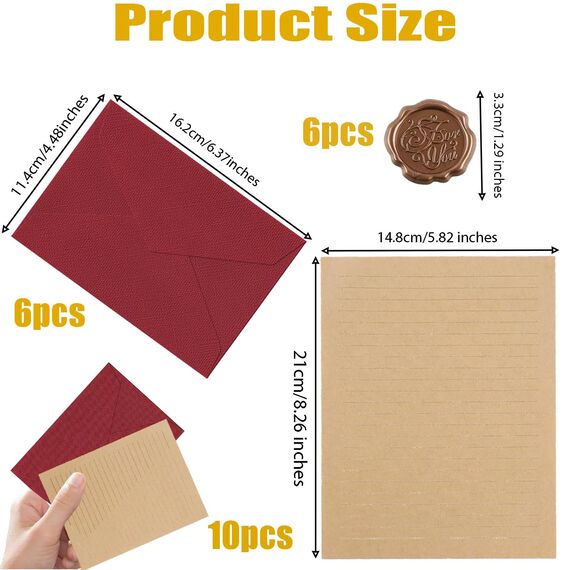 22 Stück Briefpapier Vintage Papier, Set mit 6 Leinenumschlag Umschläge und Wachssiegel 10 A5 Briefpapier Vintage Papier, Kraftpapier Umschläge für Geburtstag, Hochzeits Einladung Grußkarten
