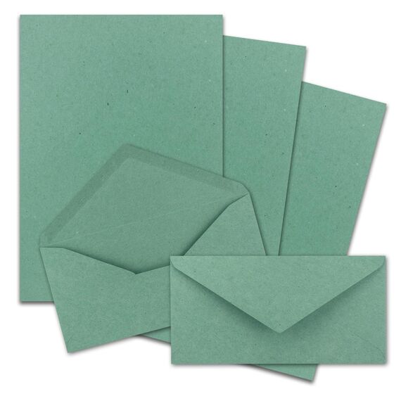 1000x Briefpapier Set DIN A4 mit DIN Lang Briefumschlägen, Nassklebung - Kraftpapier Eukalyptus-Grün - Recycling-Schreibpapier mit Kuverts - FarbenFroh by GUSTAV NEUSER
