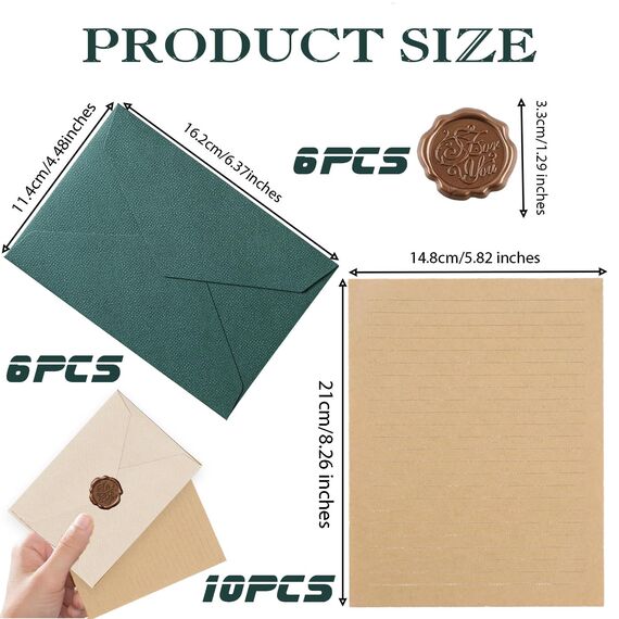 22 Stück Briefpapier Vintage Papier, Set mit 6 Leinenumschlag Umschläge und Wachssiegel 10 A5 Briefpapier Vintage Papier, Kraftpapier Umschläge, für Geburtstag, Hochzeits Einladung Grußkarten Farbe