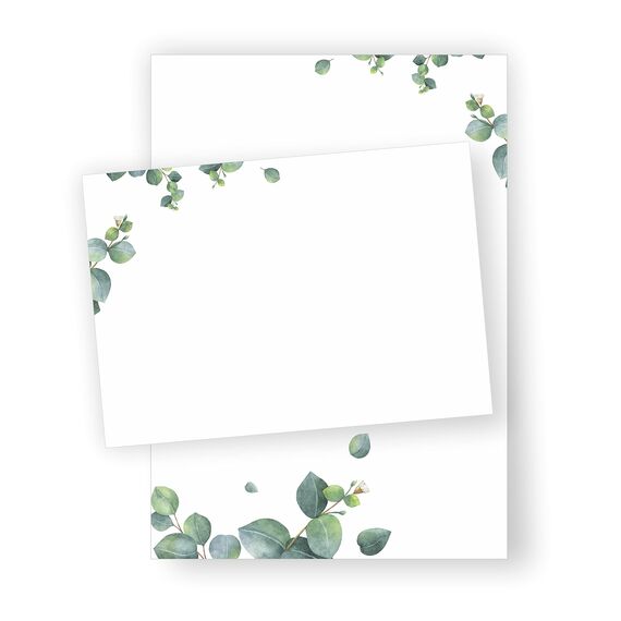 zartbesaitet Eukalyptus Briefpapier DIN A5 - 20 Blatt und 10 Umschläge, Weiß, Schreibpapier-Set, Stationery, FSC-zertifiziert, bedruckbar, 4/0 farbig