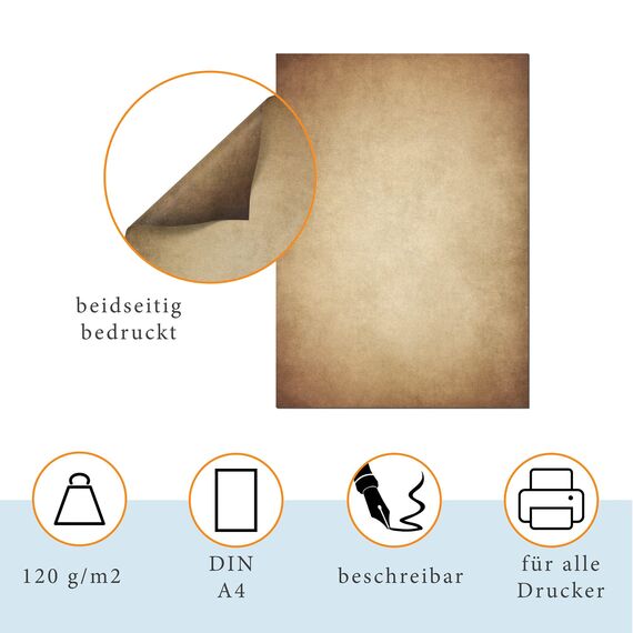 PRESENTOU Briefpapier beidseitig bedruckt 120 Gramm Papier | Motivpapier Urkundenpapier Urkunde Speisekarte Liebesbrief (Vintage Dunkel, 25 + 25 Bögen + Umschläge)