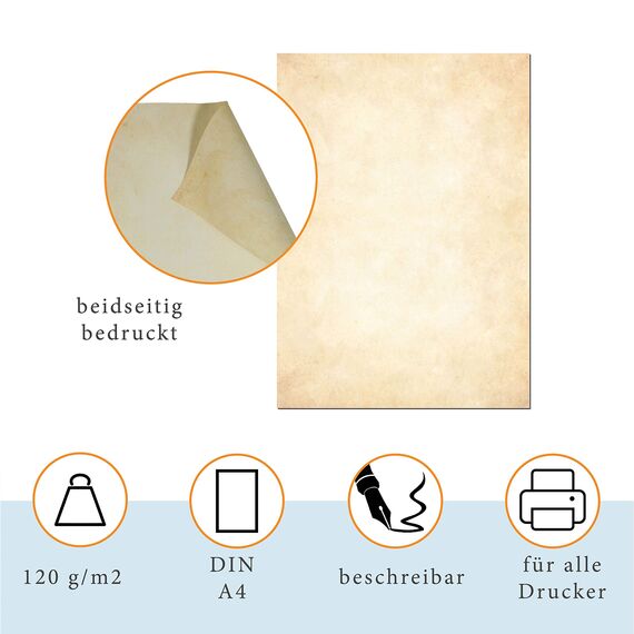 25er Set PRESENTOU Briefpapier beidseitig bedruckt 120 Gramm Papier | Motivpapier Urkundenpapier Urkunde Speisekarte Liebesbrief (Vintage Hell, 25 + 25 Bögen + Umschläge)