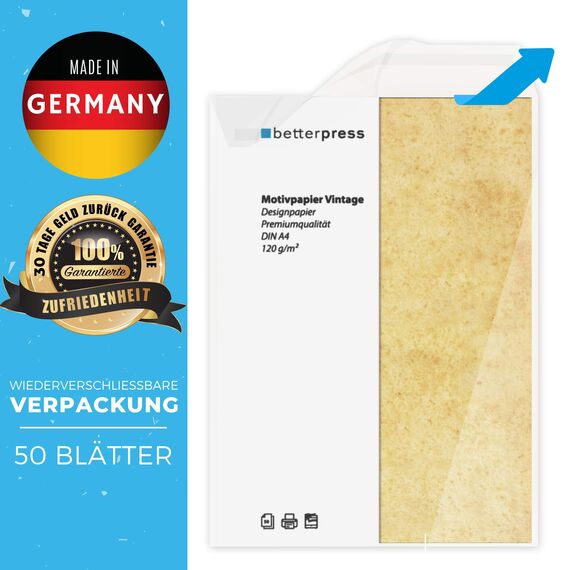 Betterpress® 50 Blatt DIN A4 120 g/m² Urkundenpapier A4 bedruckbar Gastropapier Briefpapier Altes Vintage Papier Elefantenhaut Papier Speisekartenpapier beidseitig Schatzkarte Flaschenpost