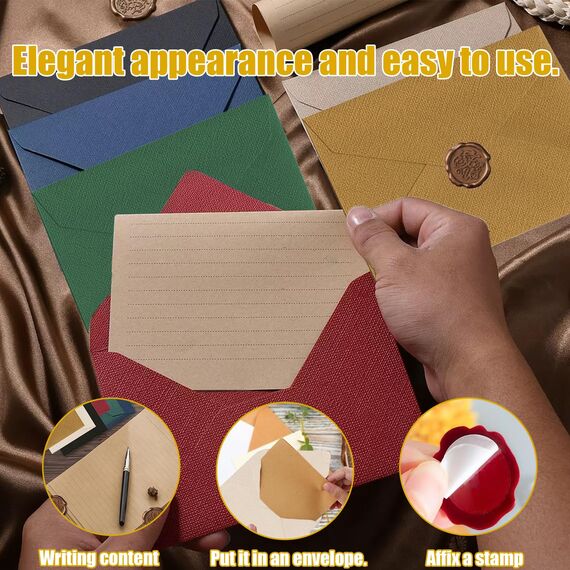 22 Stück Briefpapier Vintage Papier, Set mit 6 Leinenumschlag Umschläge und Wachssiegel 10 A5 Briefpapier Vintage Papier, Kraftpapier Umschläge, für Geburtstag, Hochzeits Einladung Grußkarten Farbe
