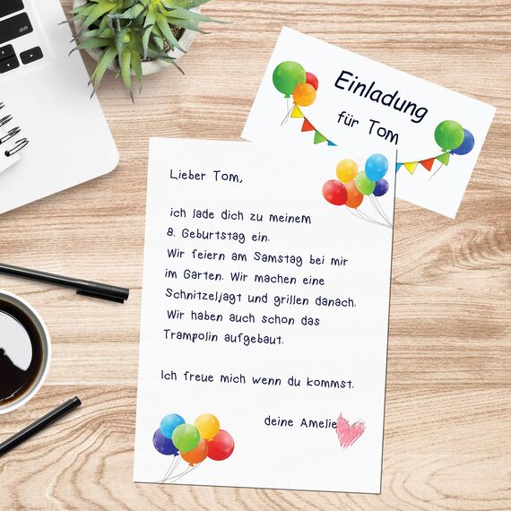 PRESENTOU Briefpapier beidseitig bedruckt 120 Gramm Papier | Motivpapier Urkundenpapier Urkunde Speisekarte Liebesbrief (Luftballons, 50 Umschläge)