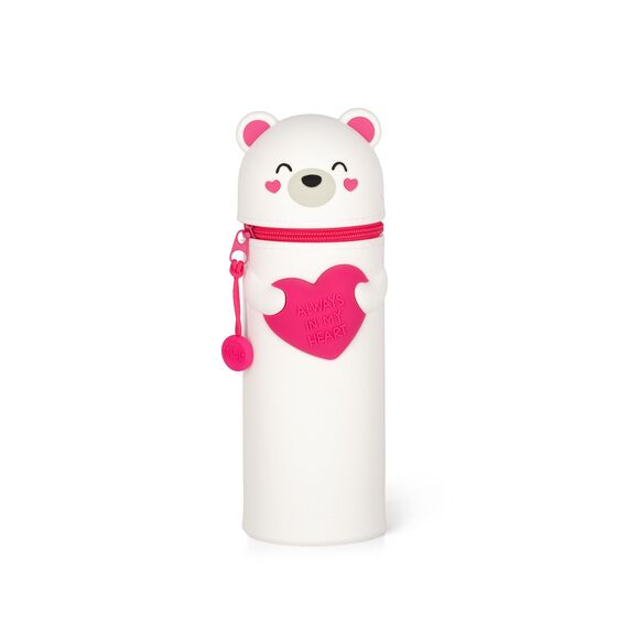 Legami - Kawaii 2-in-1 Schulmäppchen aus weichem Silikon, Teddy Bear-Thema, Stifthalter, Reißverschluss, Buntstifte, Marker, H 18,5 cm, White