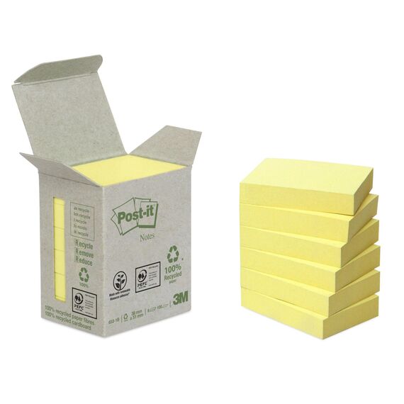 Post-it Recycling Notes Mini Tower, 38 x 51 mm, 100 Blatt, 6 Block, Pastellgelb - in Weiteren Farben Verfügbar - Selbstklebende Notizzettel aus 100% Recyclingpapier