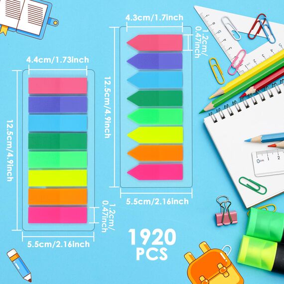 moinkerin Seitenmarker 1820 Stück, Haftstreifen Transparent PET, Sticky Notes Page Marker Tabs, Haftmarker Index Etiketten Beschreibbar & Repositionierbar, 2 Designs in 8 Neonfarben für Schule Büro