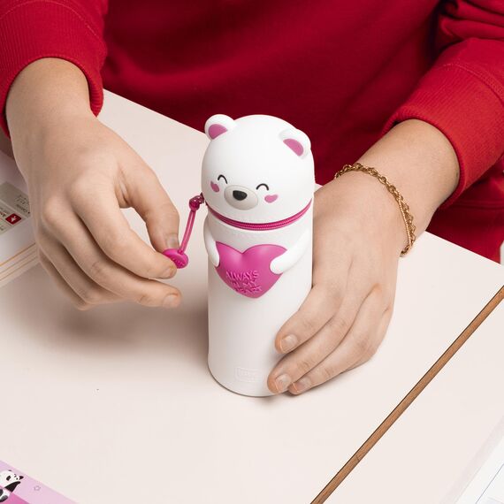 Legami - Kawaii 2-in-1 Schulmäppchen aus weichem Silikon, Teddy Bear-Thema, Stifthalter, Reißverschluss, Buntstifte, Marker, H 18,5 cm, White