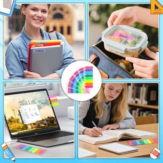 moinkerin Seitenmarker 960 Stück, Haftstreifen Transparent PET, Sticky Notes Page Marker Tabs, Haftmarker Index Etiketten Beschreibbar & Repositionierbar, 2 Designs in 8 Neonfarben für Schule Büro
