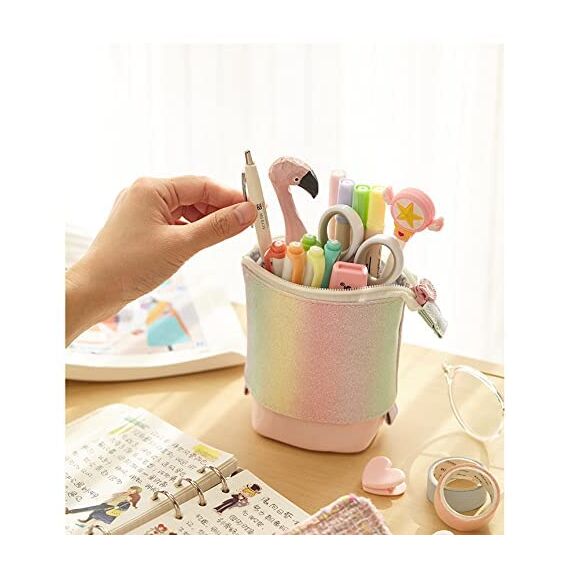 YeahBoom Federmäppchen Reißverschluss,2-in-1 Schlampermäppchen und Stifteköcher,Federmäppchen Mädchen,Ständer Bleistifthalter,Teleskopisch Mäppchen,Stifteköcher für Teenager Schülerin