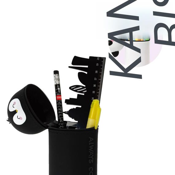 Legami Kawaii 2-in-1-Schulmäppchen in weicher Silikon-Panda-Form, Tisch-Stifthalter, Reißverschluss, Buntstifte, Marker, H 18,5 cm, Penguin