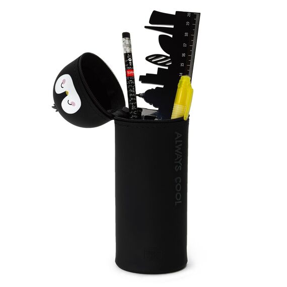 Legami Kawaii 2-in-1-Schulmäppchen in weicher Silikon-Panda-Form, Tisch-Stifthalter, Reißverschluss, Buntstifte, Marker, H 18,5 cm, Penguin