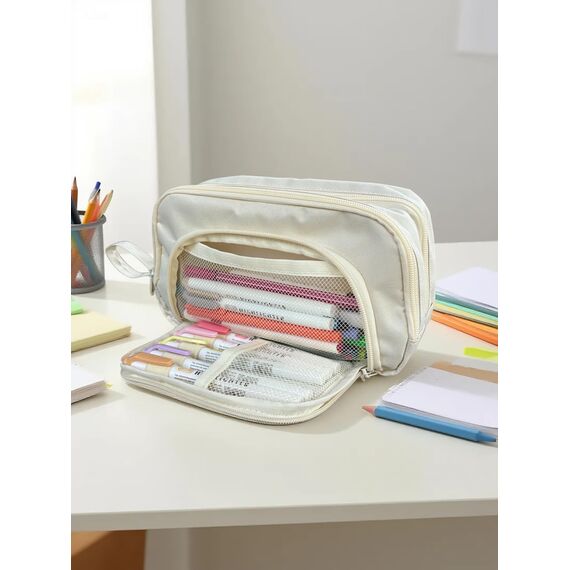 Mailain Federmappe Mäppchen mit 3 Fächer Federtasche große Kapazität Federmäppchen Mädchen Junge Teenager Erwachsene Pencil Case Schlamppermäppchen Etui Stifte für Schule Büro (Beige
