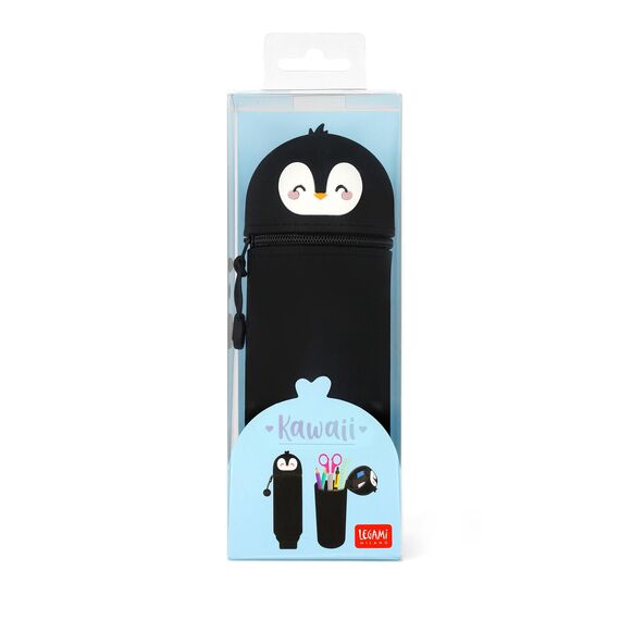 Legami Kawaii 2-in-1-Schulmäppchen in weicher Silikon-Panda-Form, Tisch-Stifthalter, Reißverschluss, Buntstifte, Marker, H 18,5 cm, Penguin